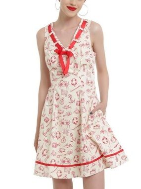Hell Bunny Cream and Red Nautical Print Sleeveless Dress